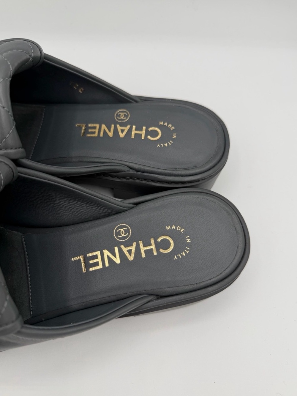 CHANEL Quilted Lambskin CC Loafer Mules Dark Gray Gold Hardware - size 36 - Picture 3 of 4